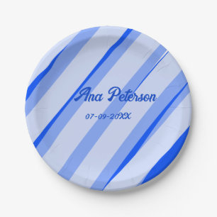 Blue pastel add name date boho retro lines pattern paper plate