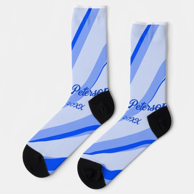 Blue pastel add name date boho retro lines pattern socks (Left)