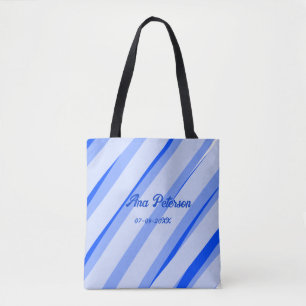 Blue pastel add name date boho retro lines pattern tote bag
