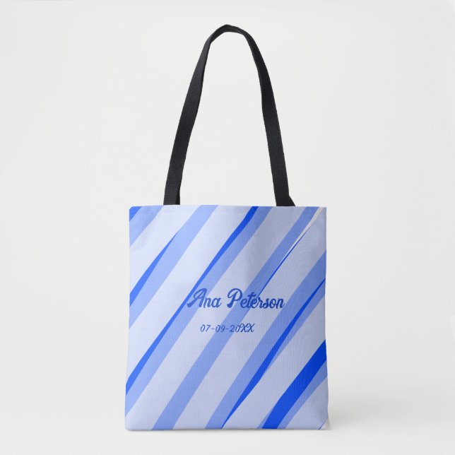 Blue pastel add name date boho retro lines pattern tote bag (Front)