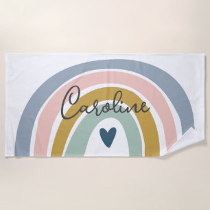 Blue Pastel Boho Rainbow Name Beach Towel