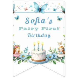 Blue Pastel Butterfly Fairy First Birthday - Bunting