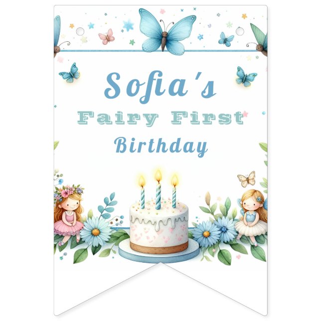 Blue Pastel Butterfly Fairy First Birthday - Bunting (First Flag)