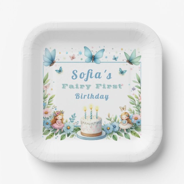 Blue Pastel Butterfly Fairy First Birthday - Paper Plate (Front)