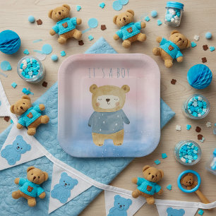 Blue pastel cute bear it's a boy paper plate