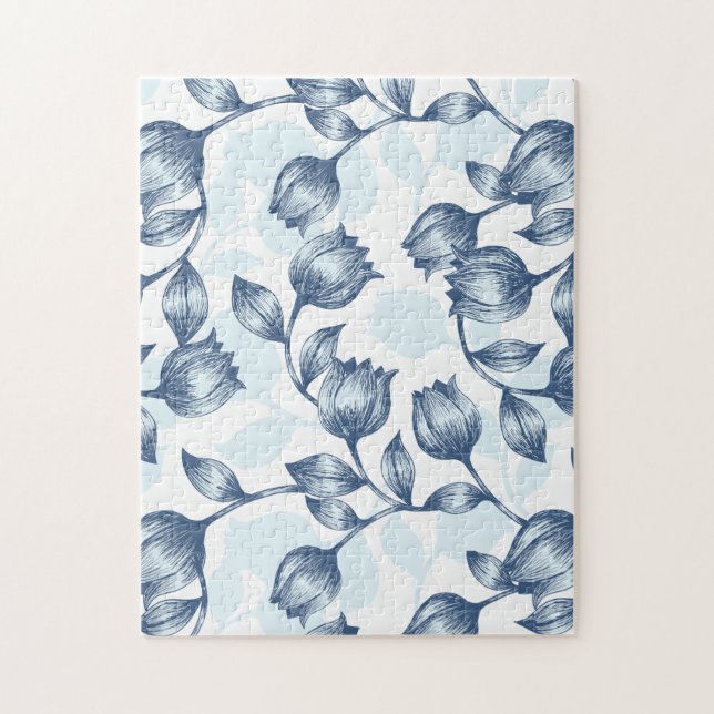 Blue Pastel Elegance: Tulip Silhouette Floral Patt Jigsaw Puzzle (Vertical)