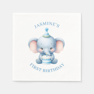 Blue Pastel Elephant Kids Birthday Paper Napkin
