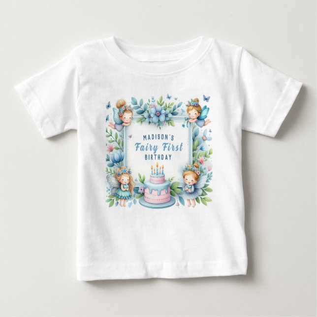 Blue Pastel Floral Fairy First Birthday - Baby T-Shirt (Front)