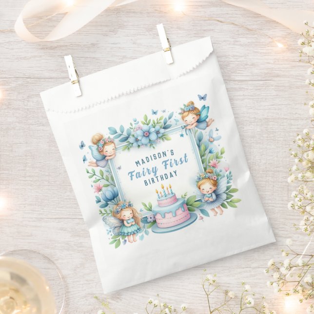 Blue Pastel Floral Fairy First Birthday - Favour Bag (Clipped)