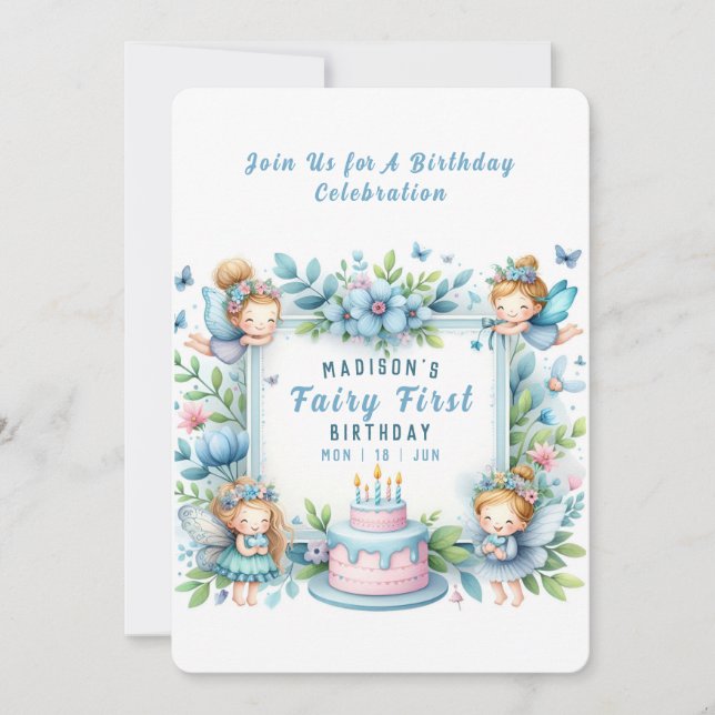 Blue Pastel Floral Fairy First Birthday - Invitation (Front)