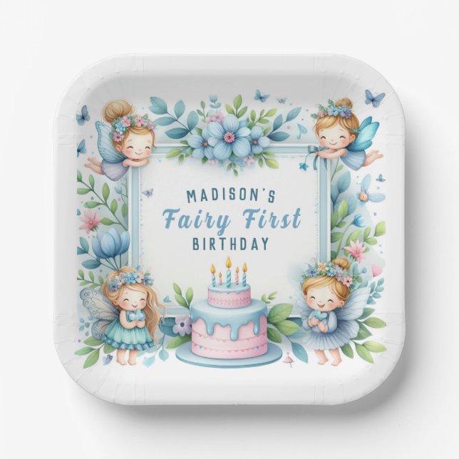 Blue Pastel Floral Fairy First Birthday - Paper Plate (Front)