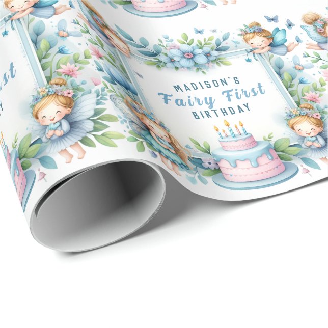 Blue Pastel Floral Fairy First Birthday - Wrapping Paper (Roll Corner)