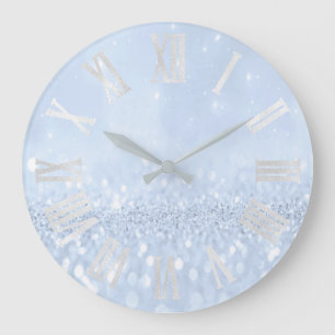 Blue Pastel Glitter Grey Grey Silver Roman Numbers Large Clock