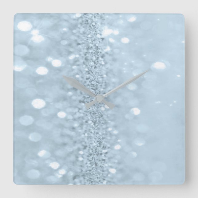 Blue Pastel Glitter Grey Metal Abstract Spark Square Wall Clock (Front)