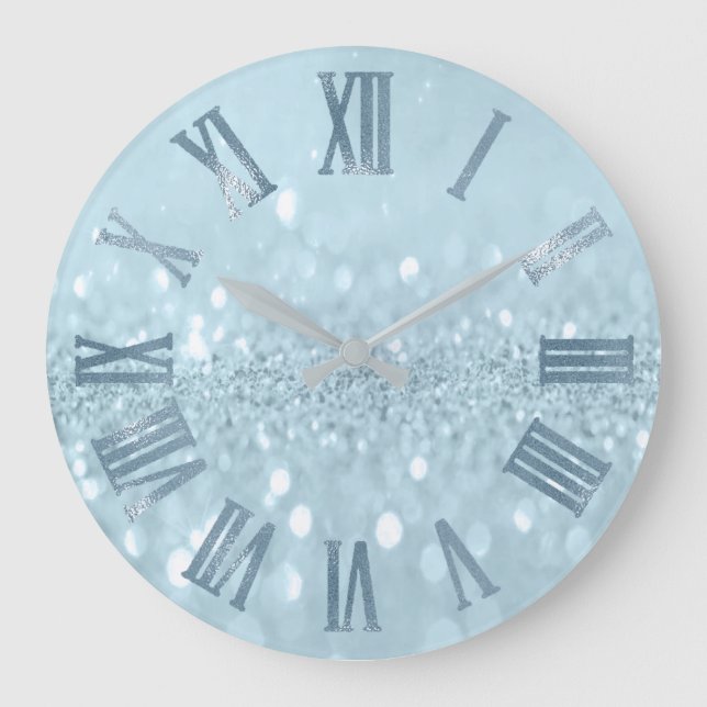 Blue Pastel Glitter Grey Metal Roman Numbers Large Clock (Front)