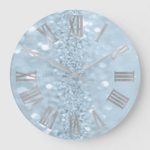 Blue Pastel Glitter Grey Metal Roman Numbers Large Clock