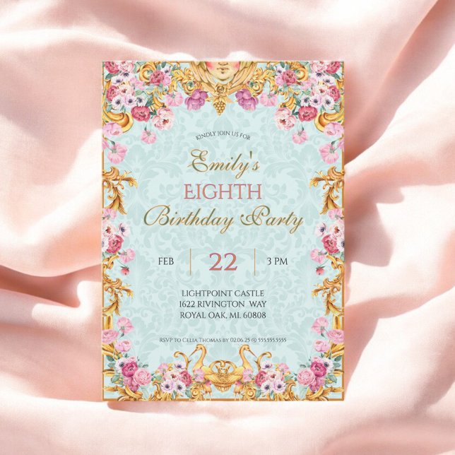 Blue Pastel Gold Eighth Baroque Rococo Birthday Invitation (Creator Uploaded)