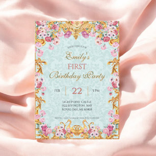 Blue Pastel Gold First Baroque Rococo Birthday Invitation
