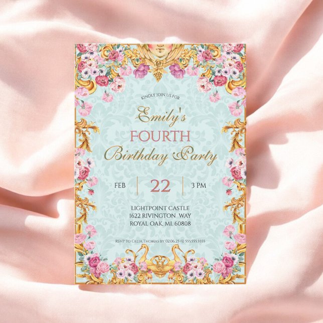 Blue Pastel Gold Fourth Baroque Rococo Birthday Invitation (Creator Uploaded)