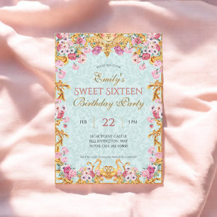 Blue Pastel Gold Sweet Sixteen Rococo Birthday Invitation