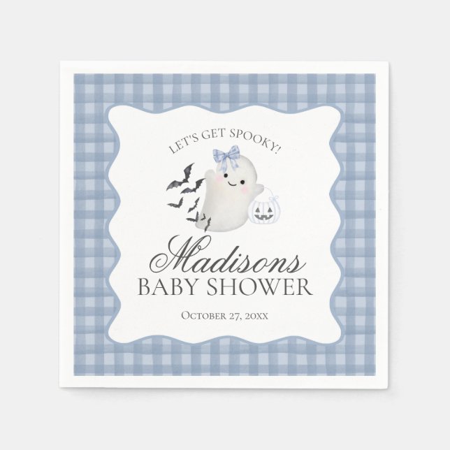 Blue Pastel Little Boo Ghost Baby Shower Dessert Napkin (Front)