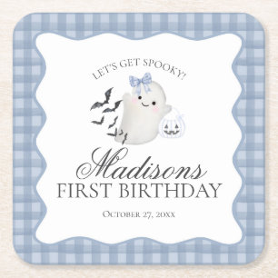 Blue Pastel Little Boo Ghost Birthday Party Bar Square Paper Coaster