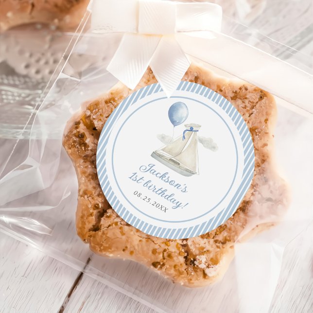 Blue Pastel Nautical Sail Boat 1st Birthday Classic Round Sticker (Creator Uploaded)