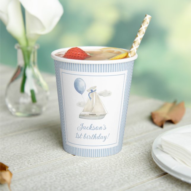 Blue Pastel Nautical Sail Boat 1st Birthday Paper Cups (Insitu)
