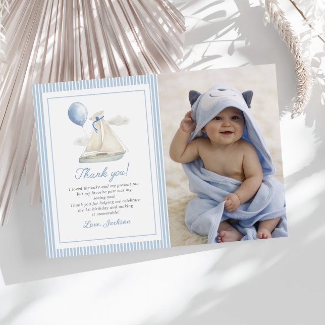 Blue Pastel Nautical Sail Boat 1st Birthday Photo Thank You Card (Creator Uploaded)