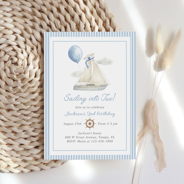 Blue Pastel Nautical Sail Boat 2nd Birthday Invitation (Creator Uploaded)