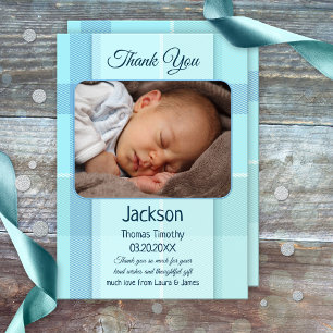 Blue Pastel Plaid Baby Photo Thank You Card