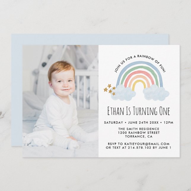 Blue Pastel Rainbow of Fun 1st Birthday Photo Invitation (Front/Back)