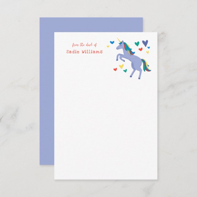 Blue Pastel Rainbow Unicorn Kids Personal Note Thank You Card (Front/Back)