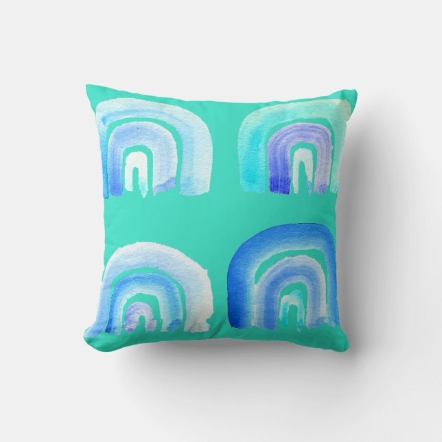 Blue Pastel retro rainbow Cushion (Front)