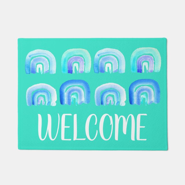 Blue Pastel retro rainbow Doormat (Front)