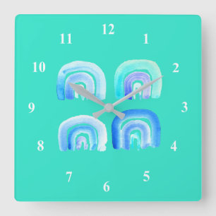 Blue Pastel retro rainbow Square Wall Clock