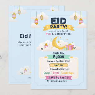 Blue Pastel Sky Kids Eid Party Moon & Lanterns Invitation