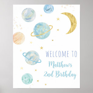 Blue Pastel Two the Moon Space Birthday Welcome Poster
