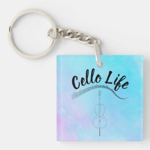 Blue Pastel Watercolor Cello Life Instrument Key Ring
