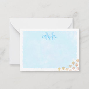 Blue Pastel Watercolor Dog Paw Monogram Card