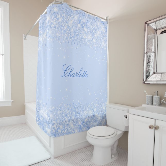 Blue pastels glitter name script elegant shower curtain (In Situ)