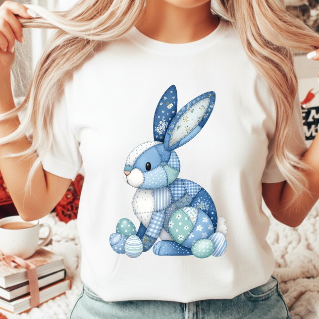 Blue Patchwork Easter Bunny Floral Gingham Spring T-Shirt (Creator Uploaded)