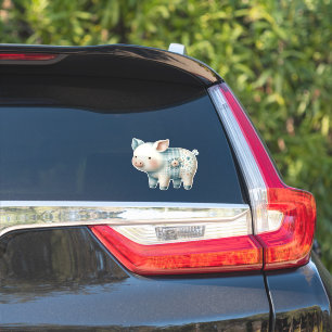 Blue Patchwork Pig Cottagecore Illustration