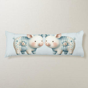 Blue Patchwork Pig Cottagecore Illustration Body Cushion
