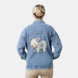 Blue Patchwork Pig Cottagecore Illustration Denim Jacket