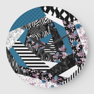 Blue patchwork, popular, patchwork, folk, rustic, large clock