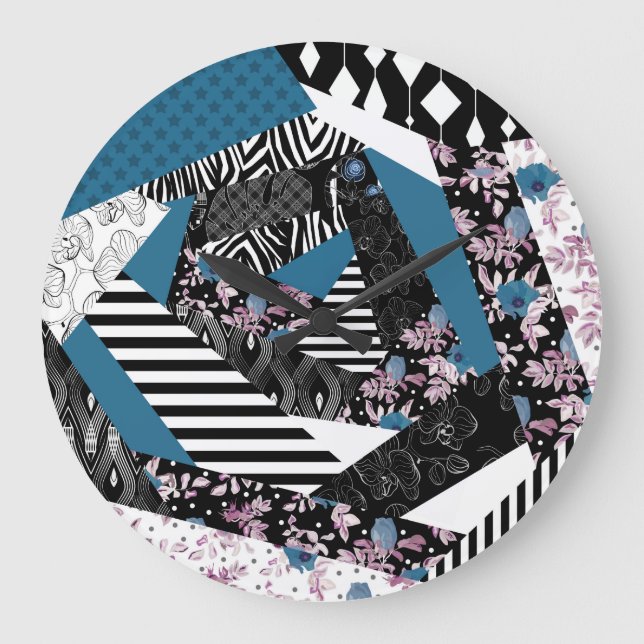 Blue patchwork, popular, patchwork, folk, rustic,  large clock (Front)