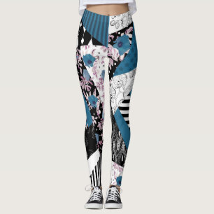 Blue patchwork, popular, patchwork, folk, rustic, leggings