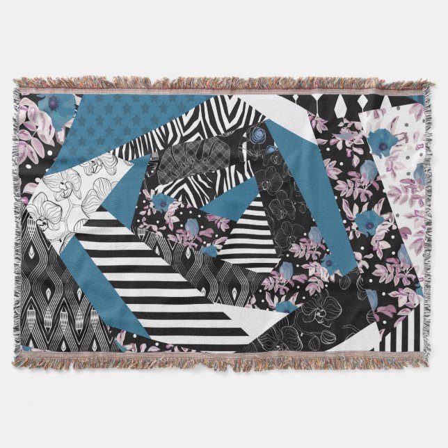 Blue patchwork, popular, patchwork, folk, rustic,  throw blanket (Front)