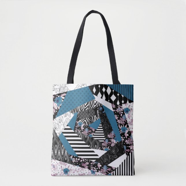 Blue patchwork, popular, patchwork, folk, rustic,  tote bag (Front)